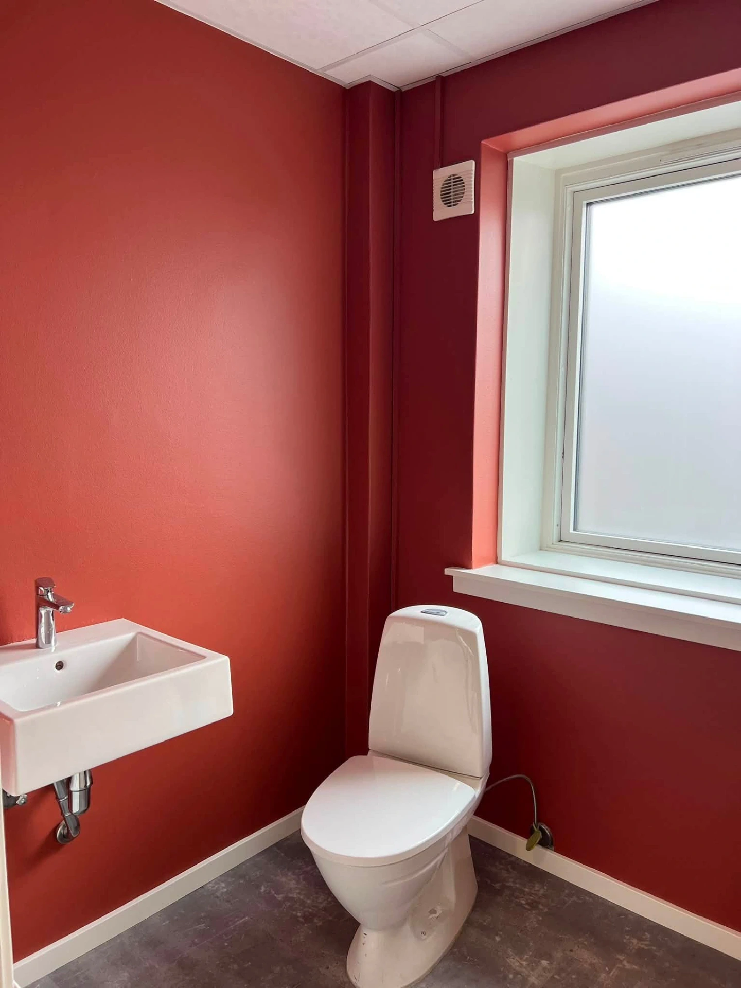 Badeværelse med hvid toilet, vask og rød væg, stort vindue.